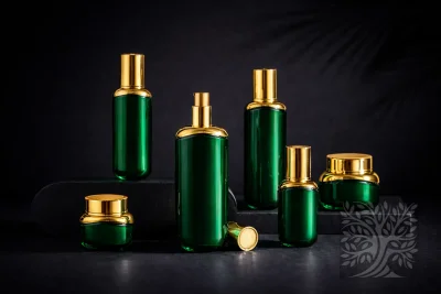 Emerald green acrylic skincare bottles and cosmetic jars with gold caps, arranged on dark risers with coordinated set layout.