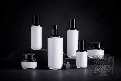 Black and white acrylic skincare bottles and cosmetic jars with black caps, arranged on dark platforms with open jar view.
