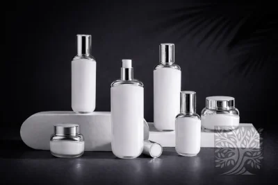 Glossy white acrylic skincare bottles and cosmetic jars with silver caps, displayed on tiered stands with open jar detail.