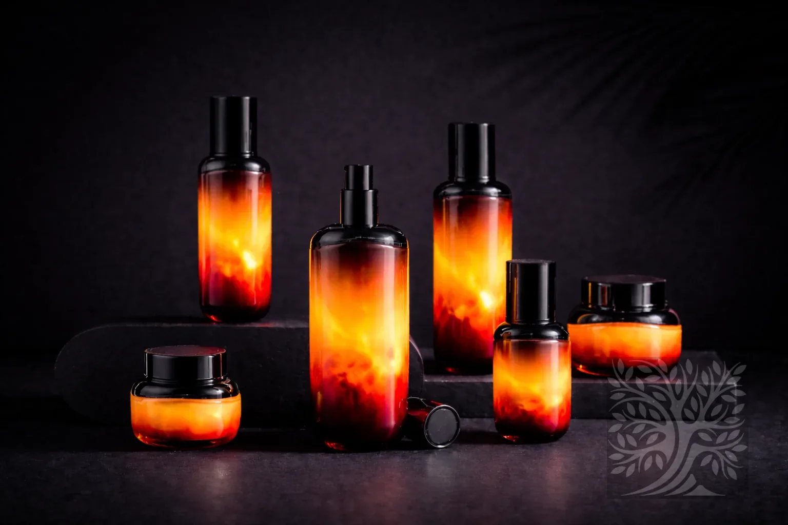 Fiery red, orange, and black gradient acrylic skincare bottles and cosmetic jars, arranged on dark blocks with bold contrast.