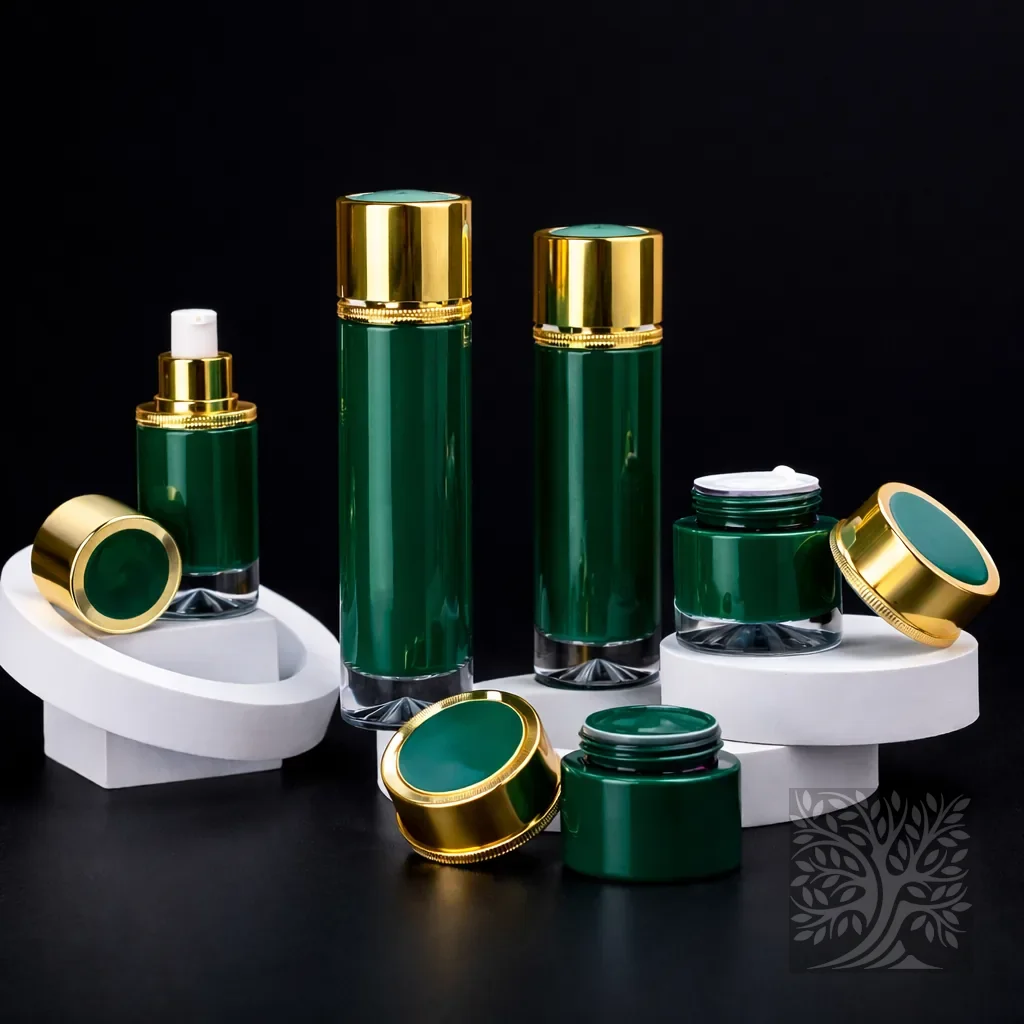 Emerald green glass skincare bottles and cosmetic jars with gold lids, arranged on white risers with lids placed nearby.