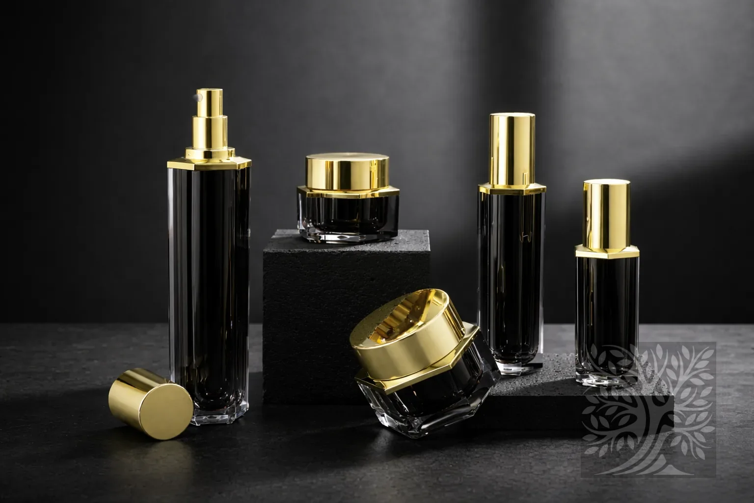Glossy black acrylic skincare bottles and cosmetic jars with gold caps, arranged on dark blocks with tilted jar display.