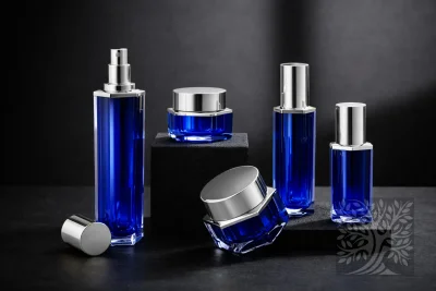 Deep cobalt blue acrylic skincare bottles and cosmetic jars with silver caps, staged on black platforms with open jar.