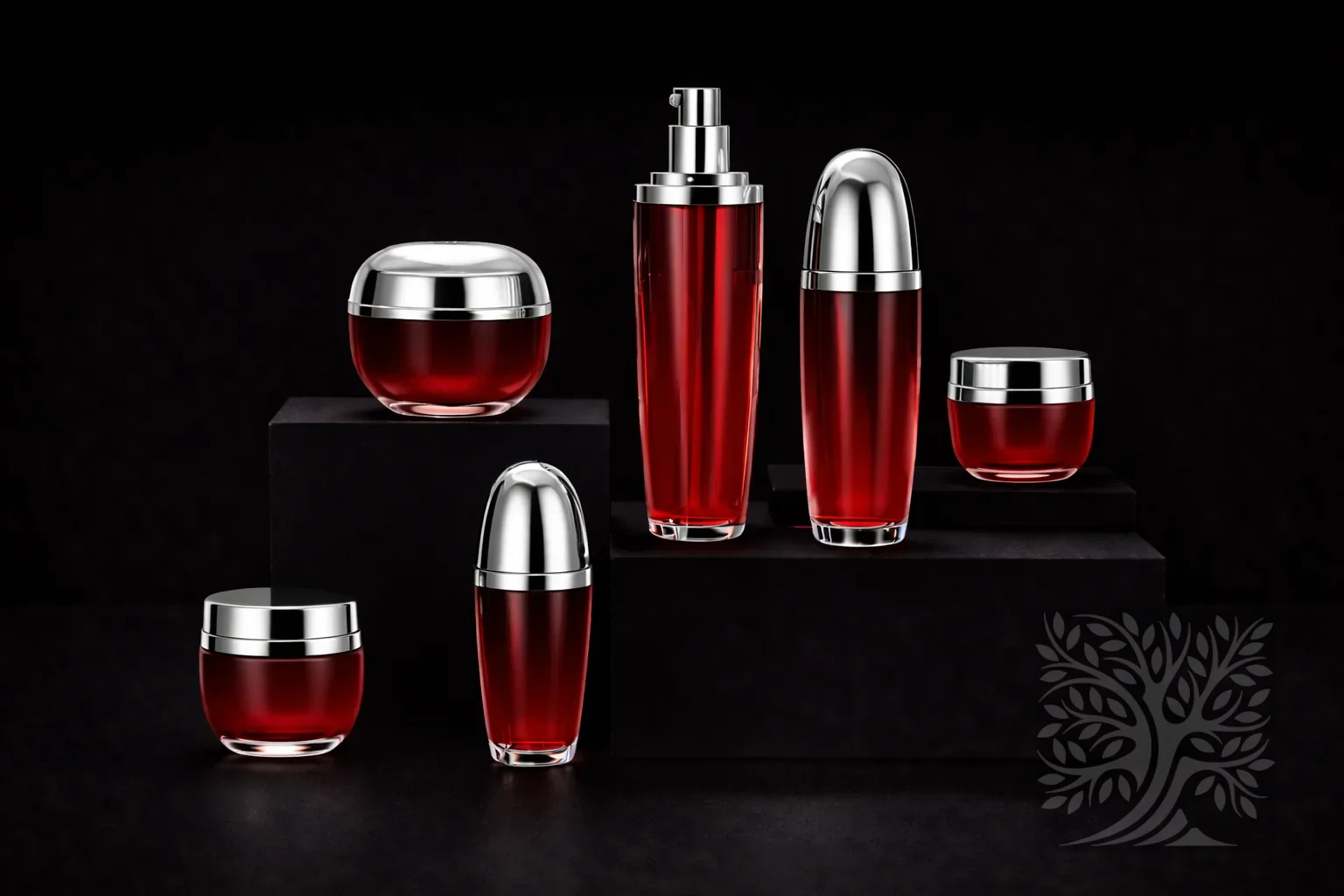 Rich red acrylic skincare bottles and cosmetic jars with silver caps, arranged on tiered platforms with bold contrast.