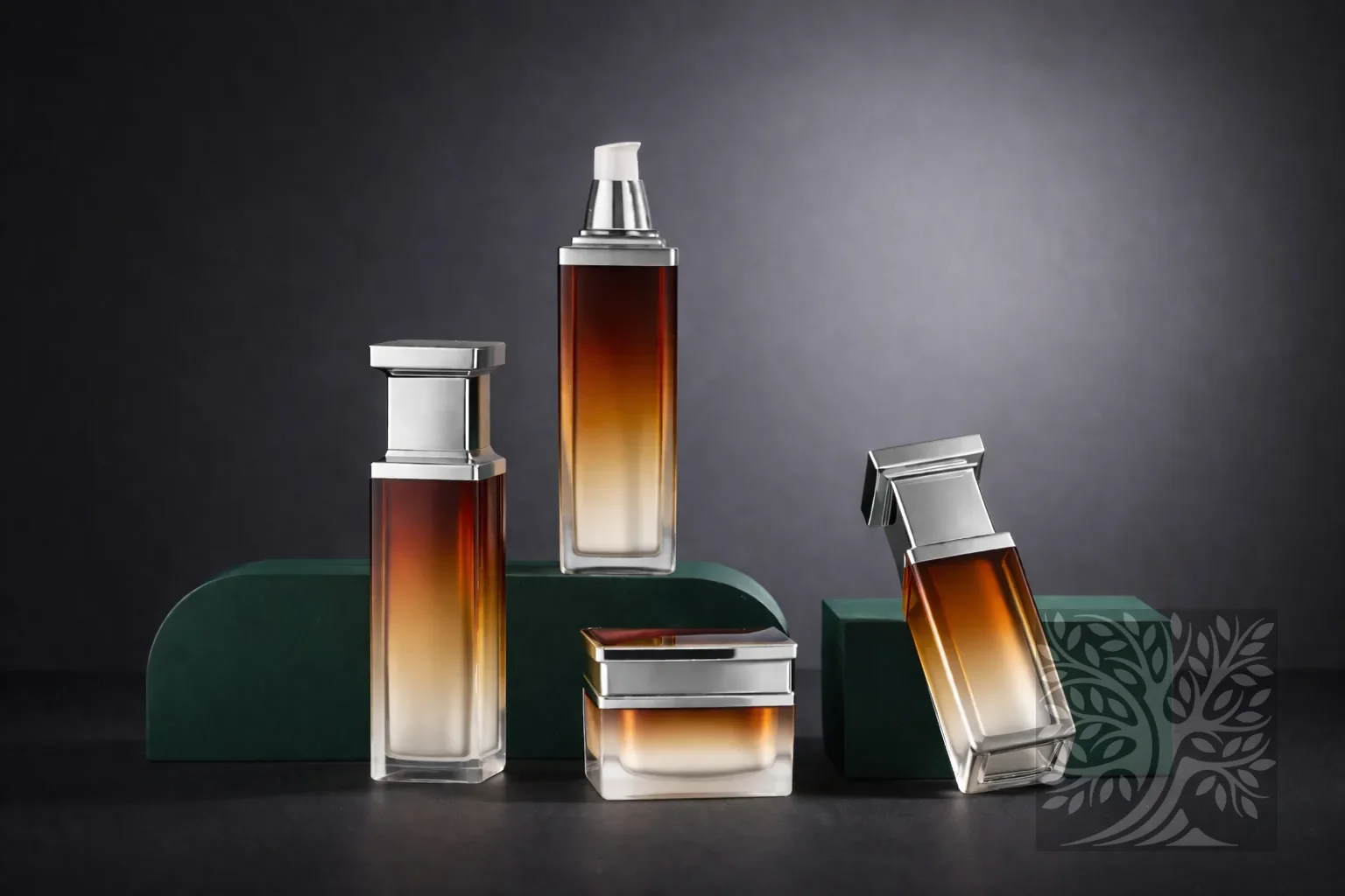 Gradient amber acrylic skincare bottles and cosmetic jars with silver caps, arranged on platforms with soft ombre finish.